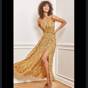 Lulu’s These are the Days Mustard yellow floral print halter maxi